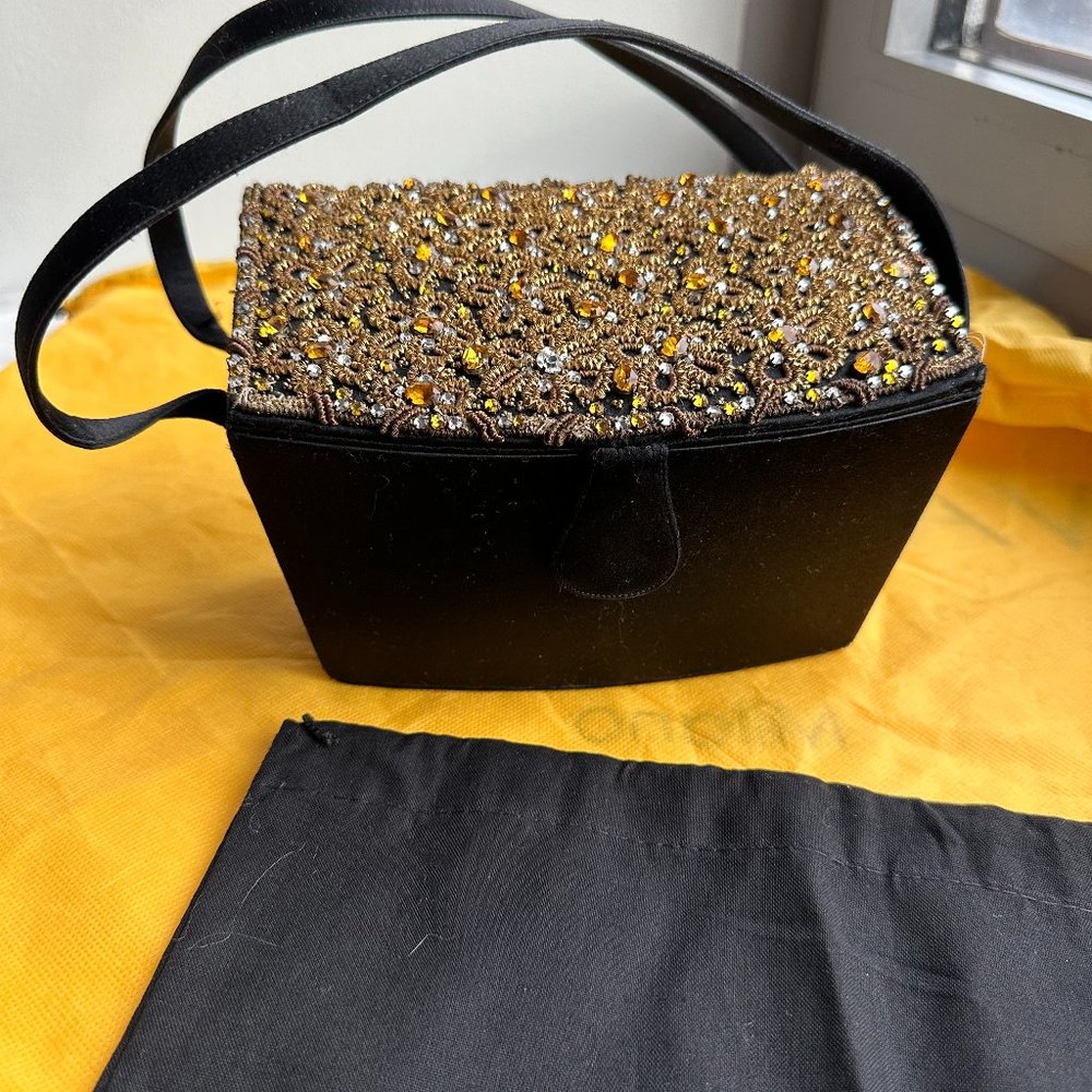 Vintage Black Silk Satin and Beaded Josef Evening Bag Made in France